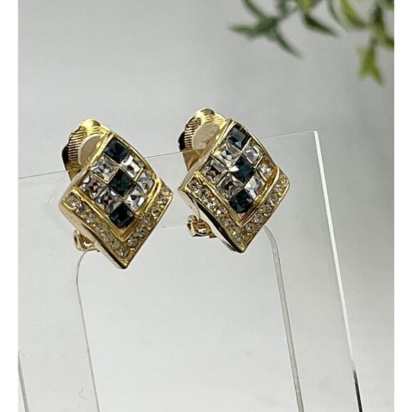 Christian Dior Vintage Gold Plated Diamond Shaped Blue Stone Clip On Earrings - Picture 7 of 10